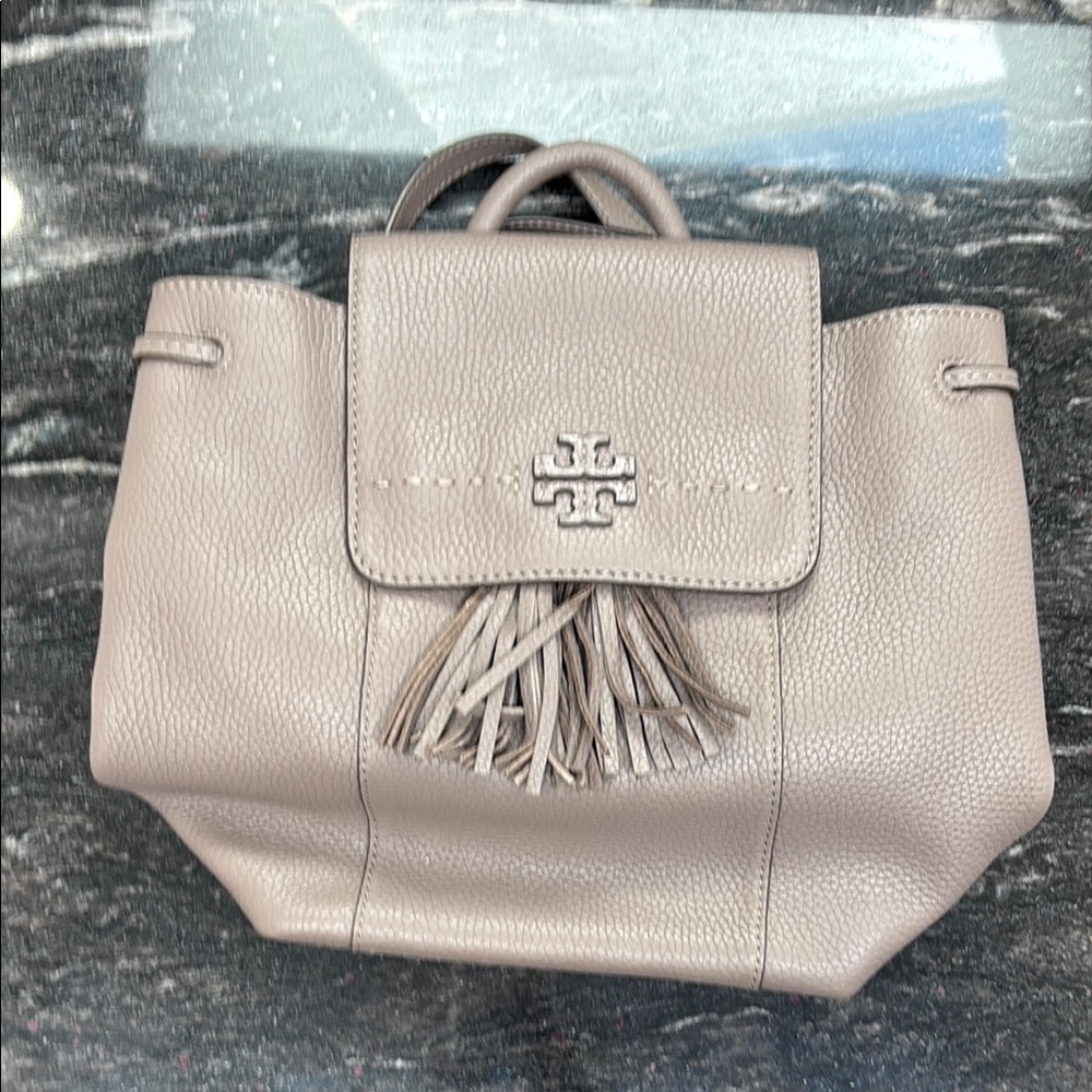Tory Burch Gray Backpack with Logo and Tassel